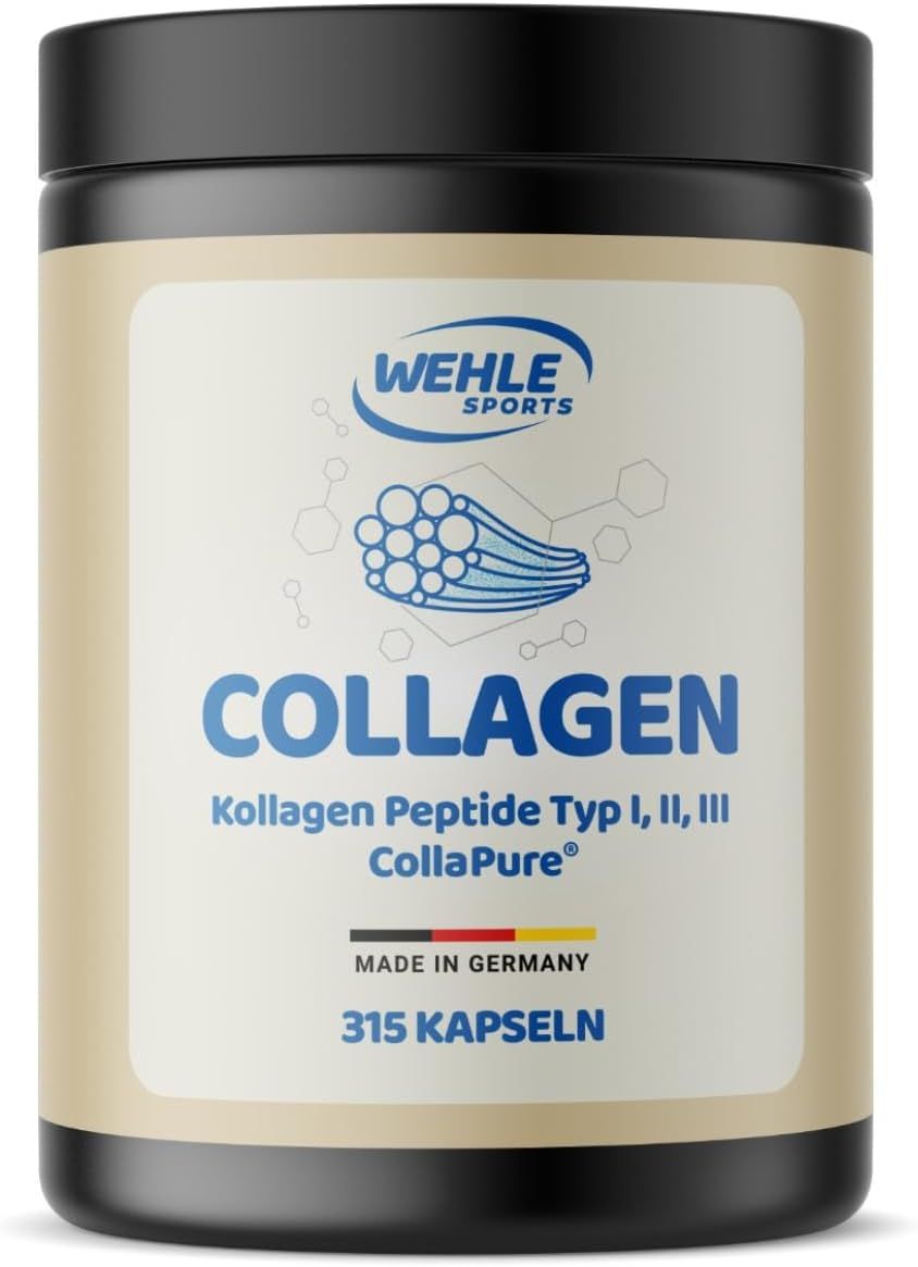 Schwarze Dose mit weißem Etikett. Aufschrift: COLLAGEN, Kollagen Peptide Typ I, II, III, CollaPure. 315 Kapseln. Wehle Sports.
