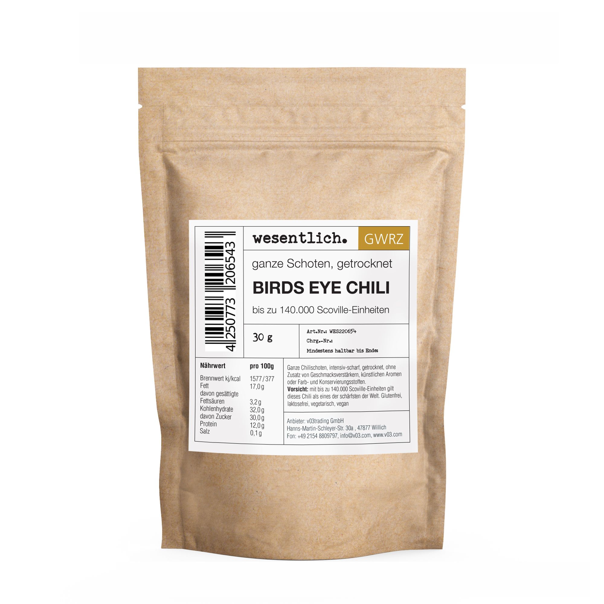 Beutel mit getrockneten Bird's Eye Chili Schoten. Aufschrift: wesentlich., ganze Schoten, getrocknet, bis zu 140.000 Scoville-Einheiten.