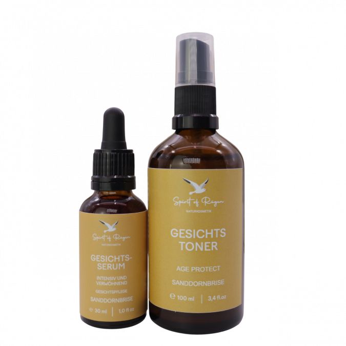 Gesichtsserum und Toner in braunen Flaschen. Aufdruck: Gesichtsserum, Gesichtstoner, Sanddornbrise, Age Protect.