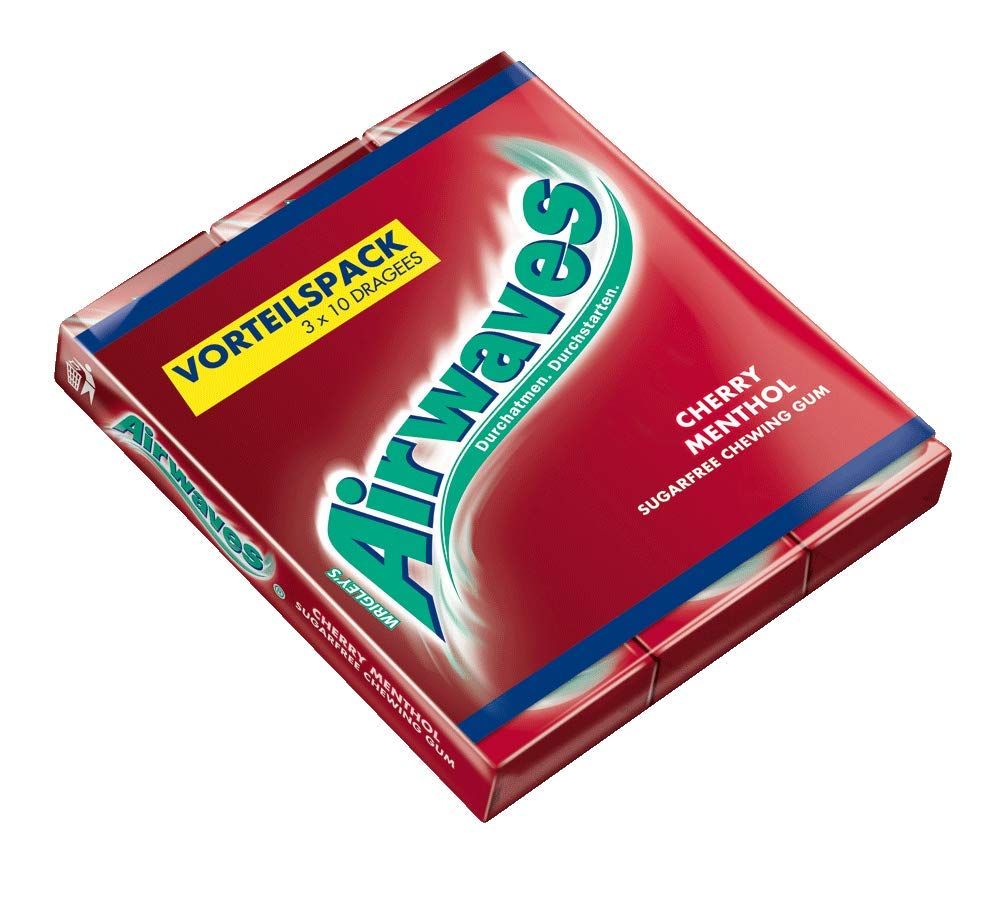 AIRWAVES Multipack Cherry Menthol Packung. Rote Verpackung mit Logo und Schriftzug. Enthält 3x10 Dragees.