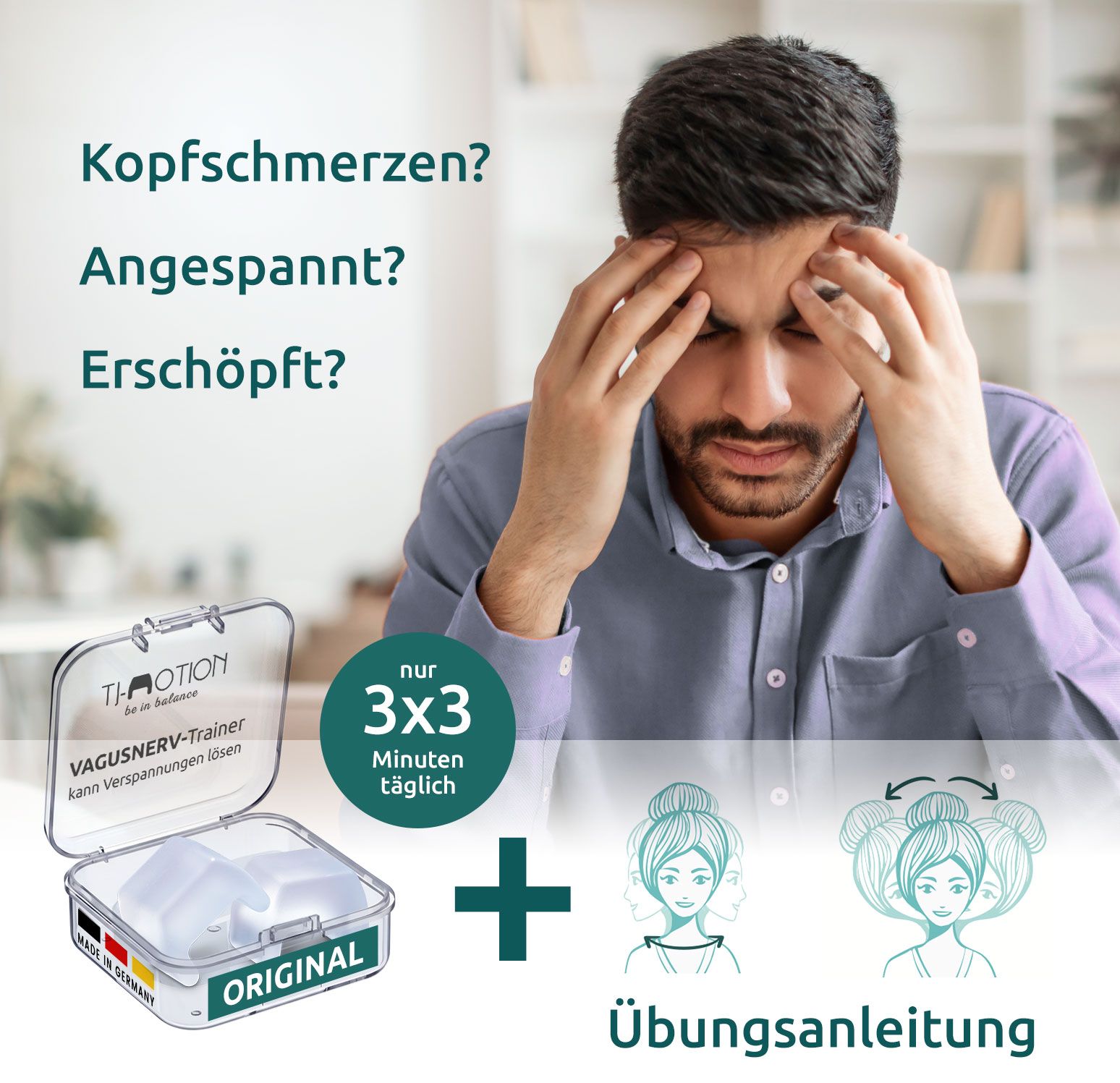 Produkt-Set mit transparenten, quadratischen Produkten, Übungsanleitung und Text: "VAGUSNERV-Trainer", "ORIGINAL", "Made in Germany".