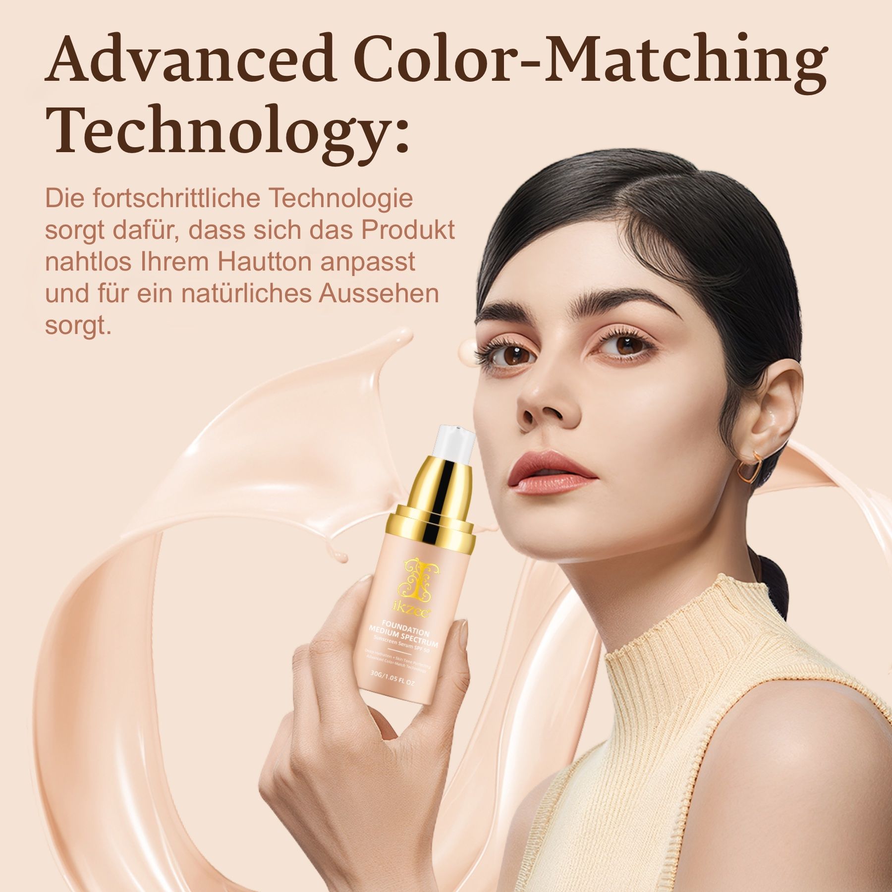 Eine Frau mit Foundation, die sich dem Hautton anpasst. Auf dem Produkt steht "Foundation Medium Spectrum SPF 50".