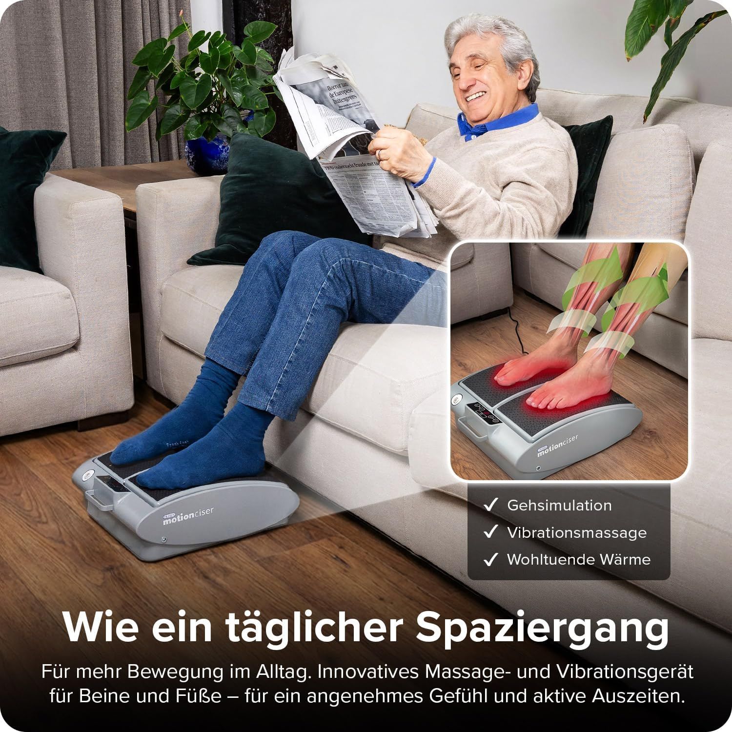 Graues Massagegerät für Füße. Mann sitzt auf Sofa, liest Zeitung. Fußmassagegerät mit Füßen, Bein-Illustrationen.