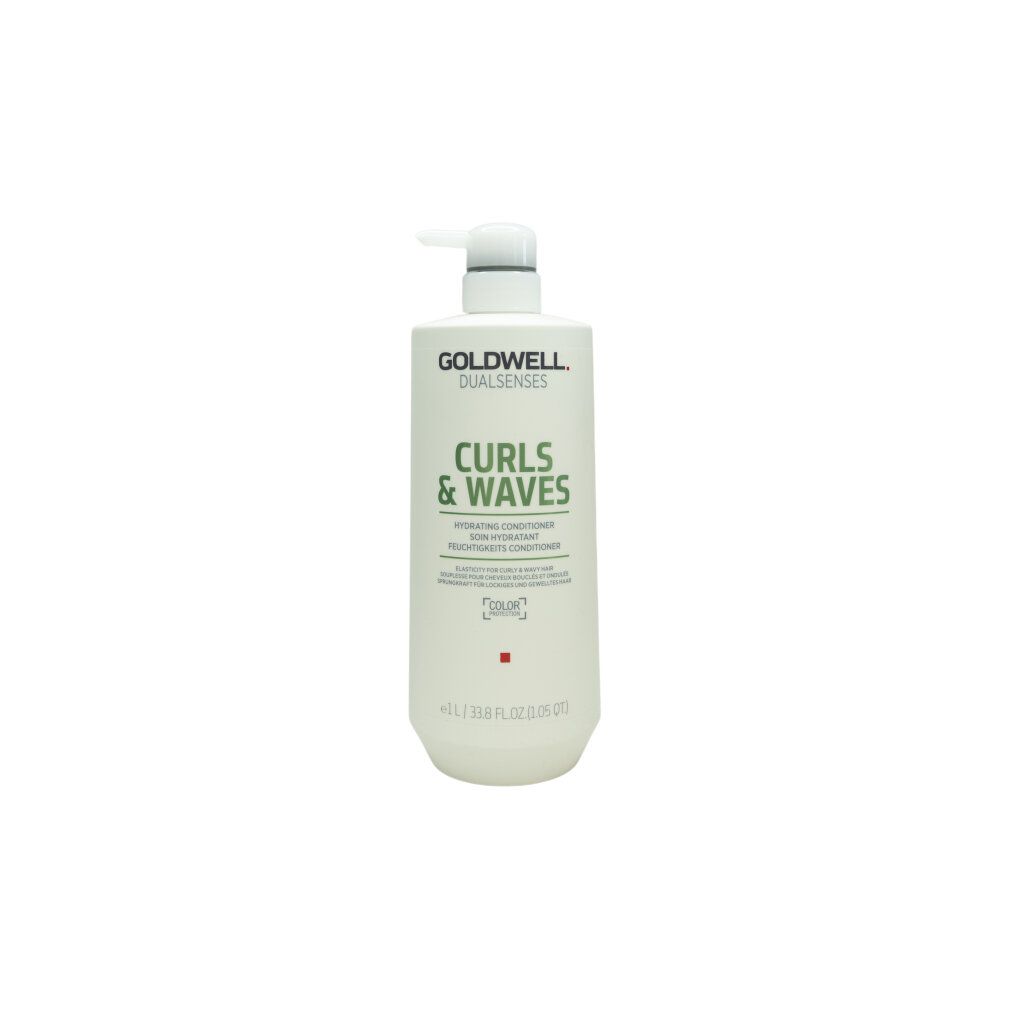Weiße Flasche mit Pumpe. Aufschrift: Goldwell Dualsenses Curls & Waves Conditioner. 1L.