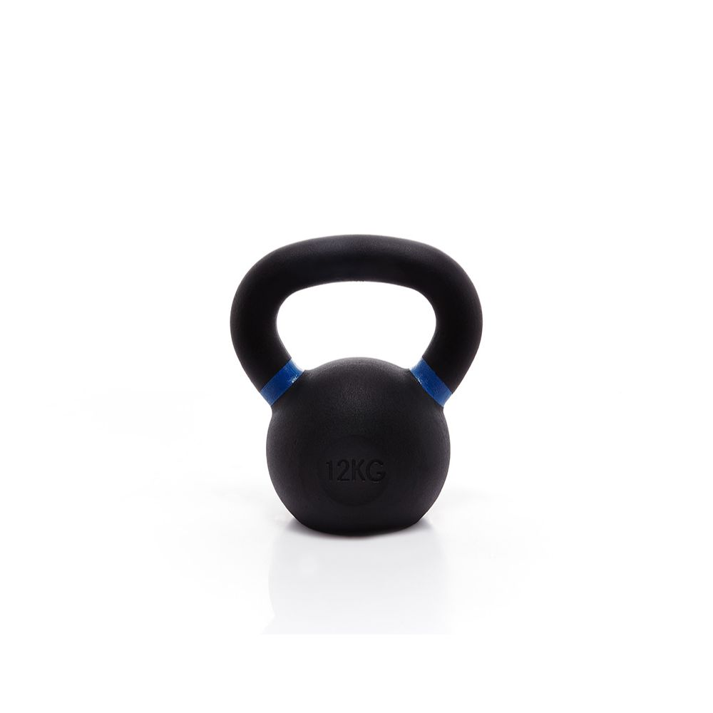 Schwarze Kettlebell aus Gusseisen mit blauem Akzent am Griff. Auf der Vorderseite steht '12KG'.
