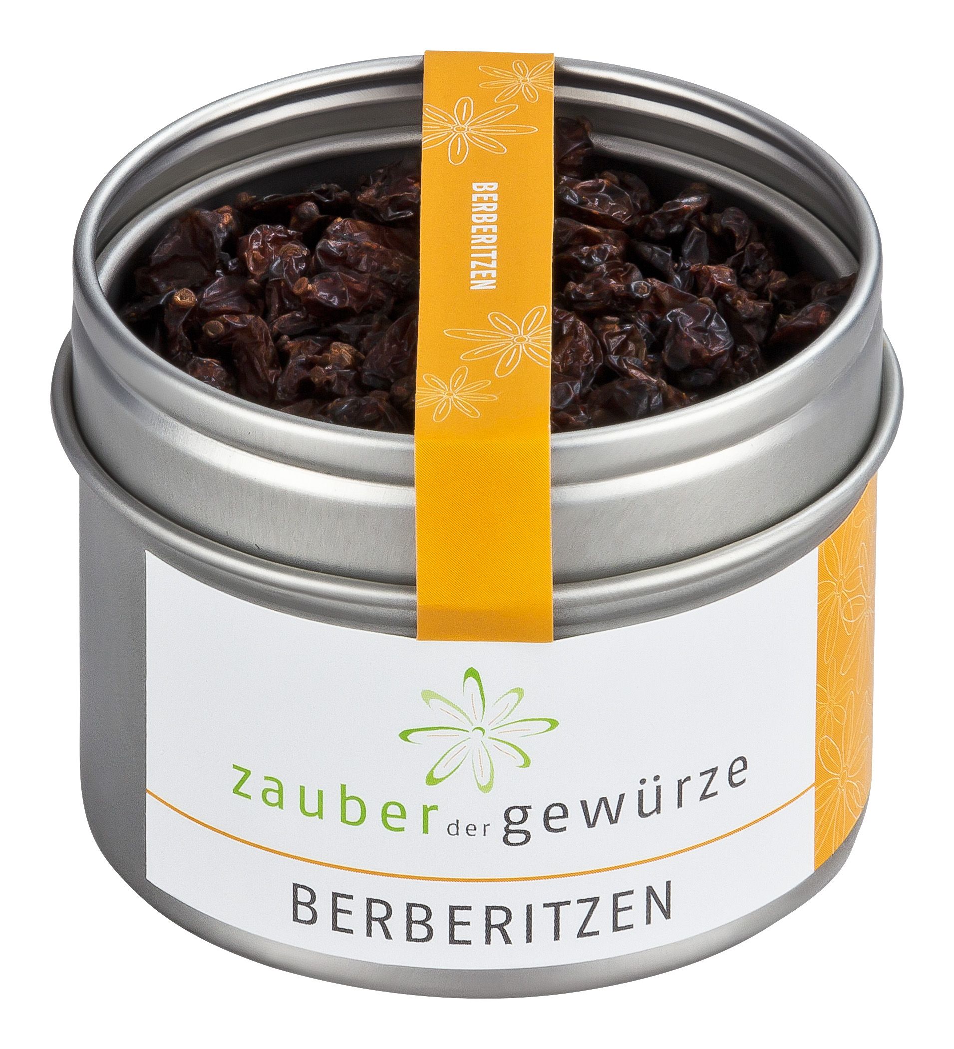 Zylindrische Dose mit Berberitzen. Aufkleber mit Produktname und Logo. Gelber Streifen mit Produktname.