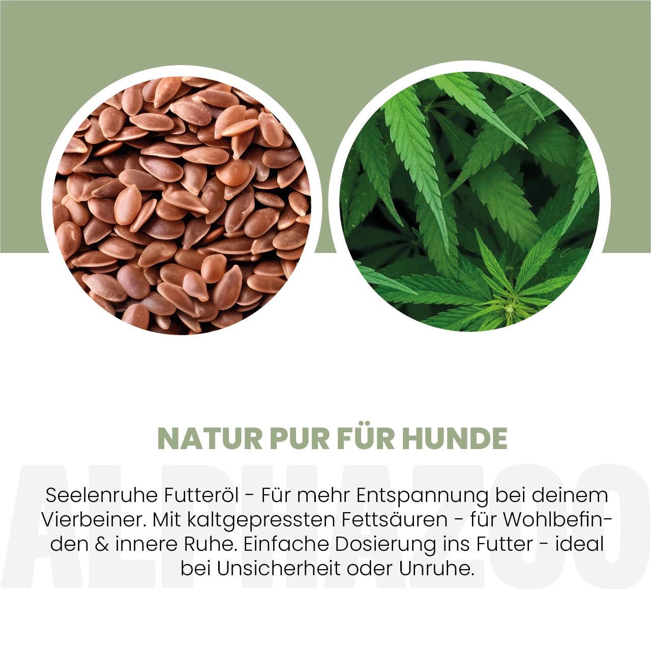 Zwei Kreise: Leinsamen und Blätter. Text: NATUR PUR FÜR HUNDE. Seelenruhe Futteröl.