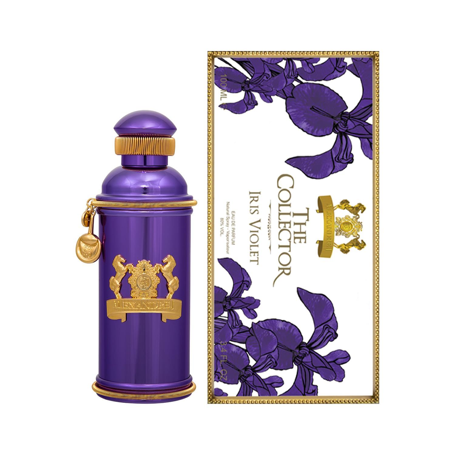 Violette Flasche und Verpackung. Aufschrift: The Collector. Iris Violet. Goldene Details.