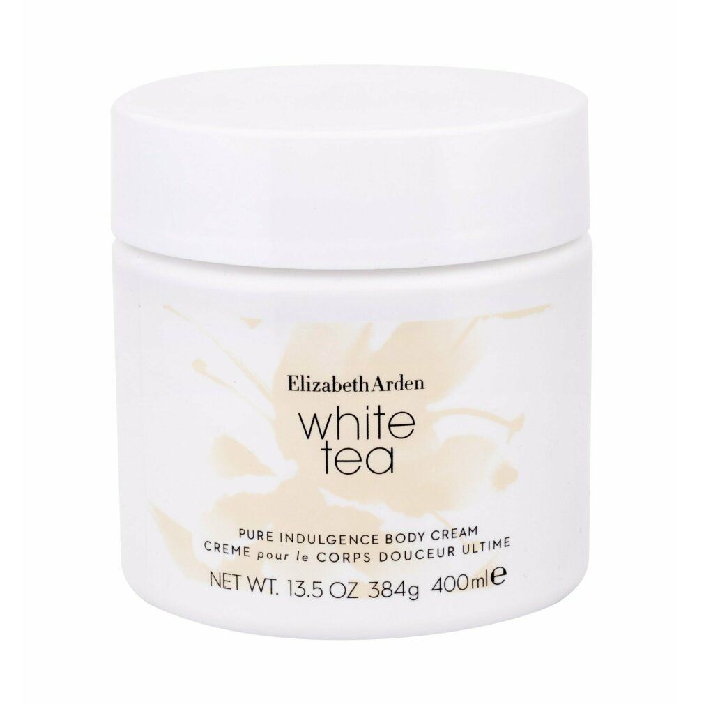 Weißer Tiegel mit Deckel. Aufschrift: Elizabeth Arden White Tea Pure Indulgence Body Cream. 13.5 OZ 384g 400ml.