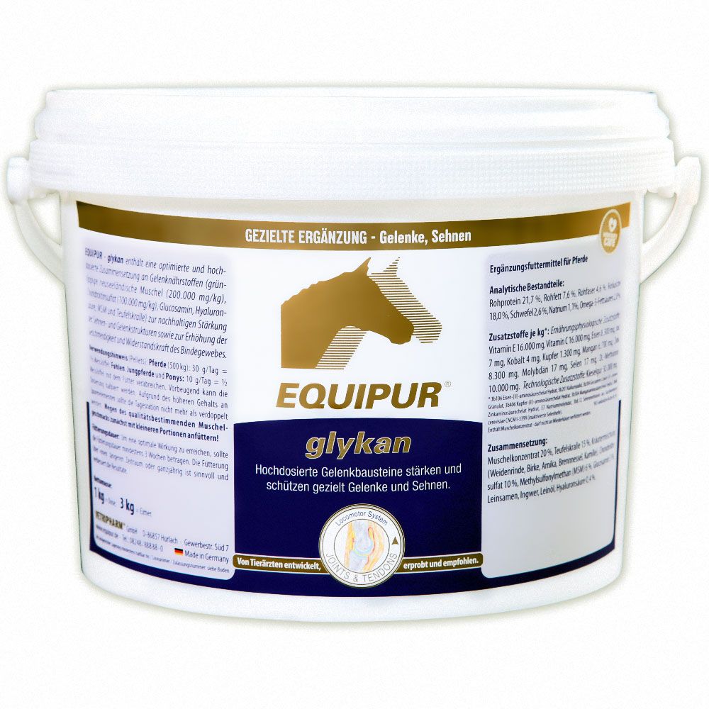 Weißer Eimer mit Produktetikett. Aufschrift: EQUIPUR glykan. Gezielte Ergänzung für Gelenke und Sehnen. Logo: Pferdekopf.
