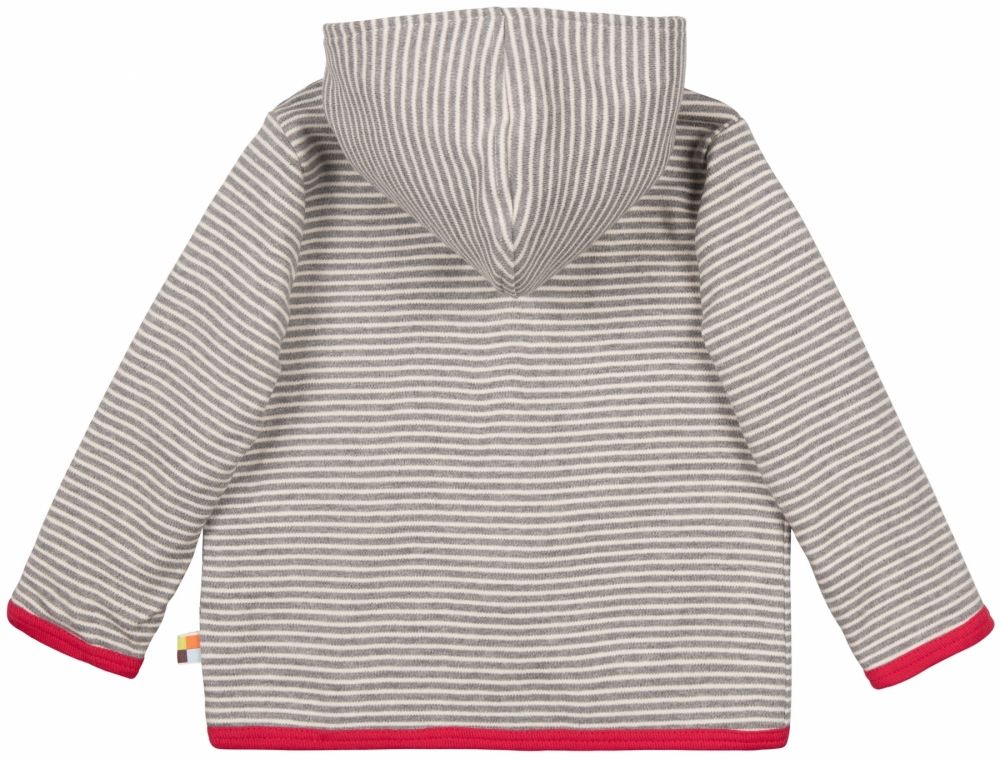 Rückansicht einer gestreiften Jacke mit Kapuze. Rote Einfassung an den Ärmeln. Reißverschluss nicht sichtbar.