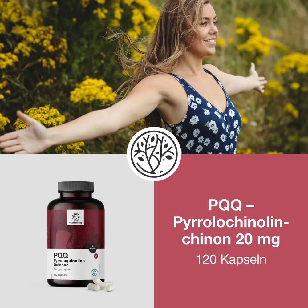 Frau im Freien mit Produkt. Flasche und Kapseln. Text: PQQ Pyrrolochinolinchinon 20 mg, 120 Kapseln. Marke: HealthyWorld.