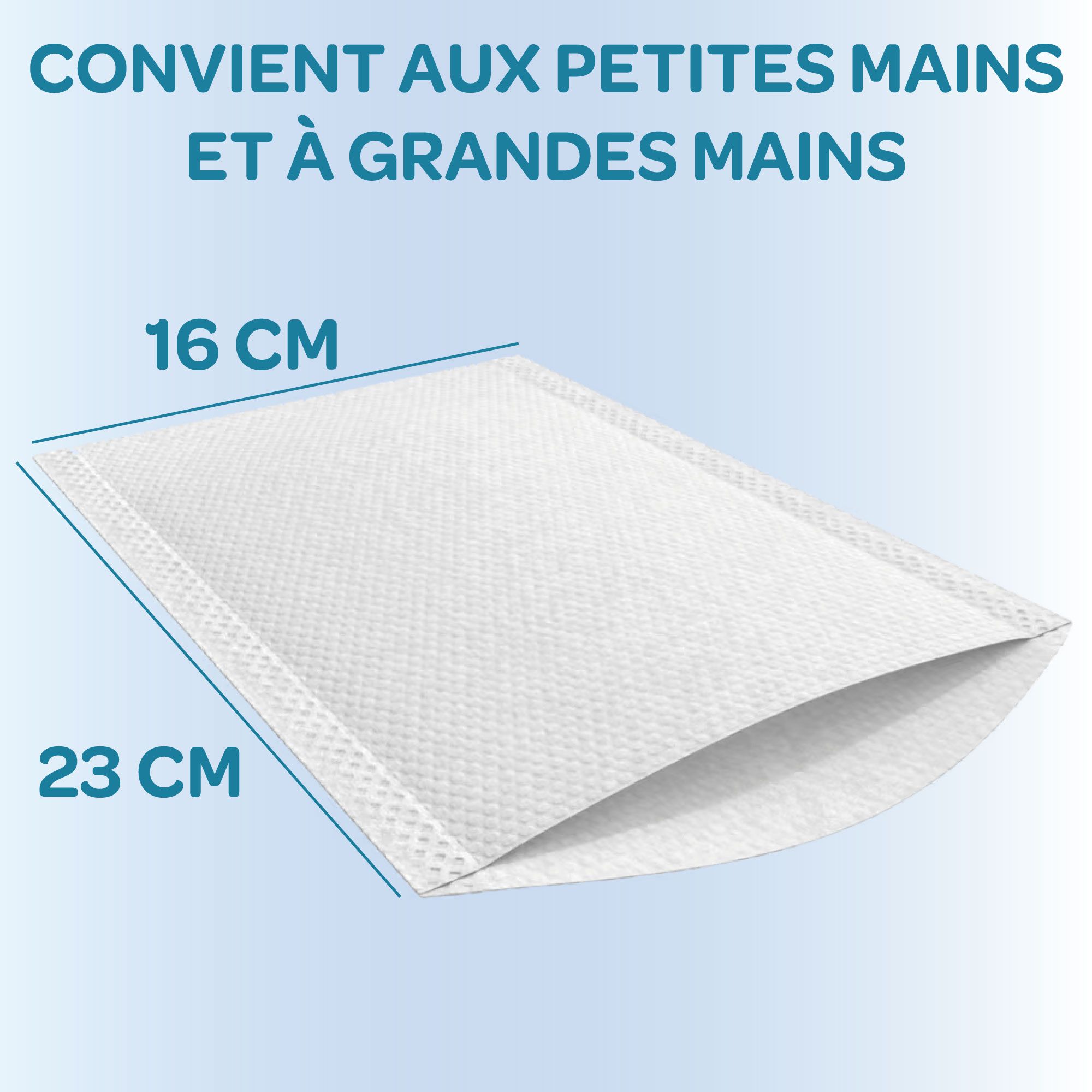 Gant de toilette blanc, 16x23 cm. Texte: Convient aux petites et grandes mains.