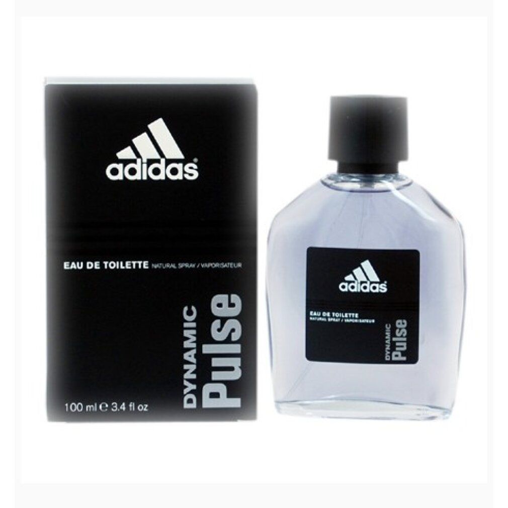 Karton und Flasche. Schwarzer Karton mit Adidas-Logo und Dynamic Pulse. Transparente Flasche mit schwarzem Verschluss.