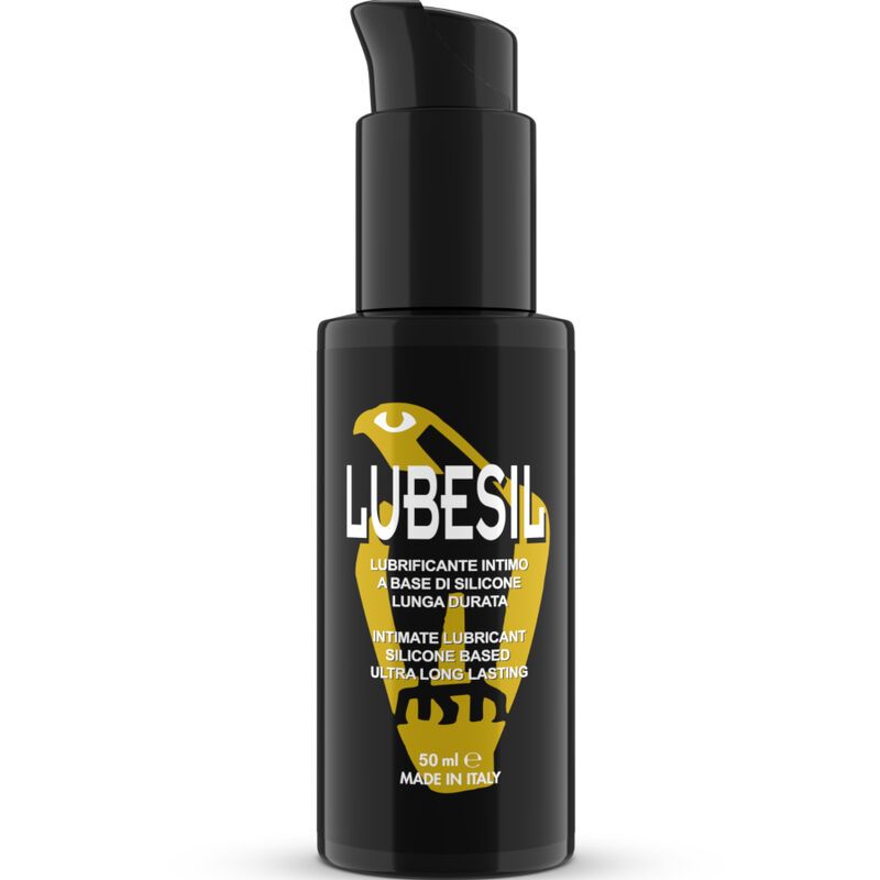Schwarze Flasche mit Pumpspender, Aufschrift LUBESIL, Gleitmittel auf Silikonbasis.