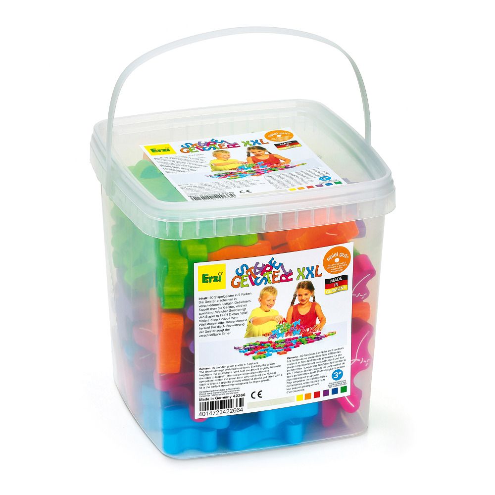 Transparenter Eimer mit bunten Holzfiguren. Auf dem Etikett steht "Erzi Geschicklichkeitsspiel Stapelgeister XXL".