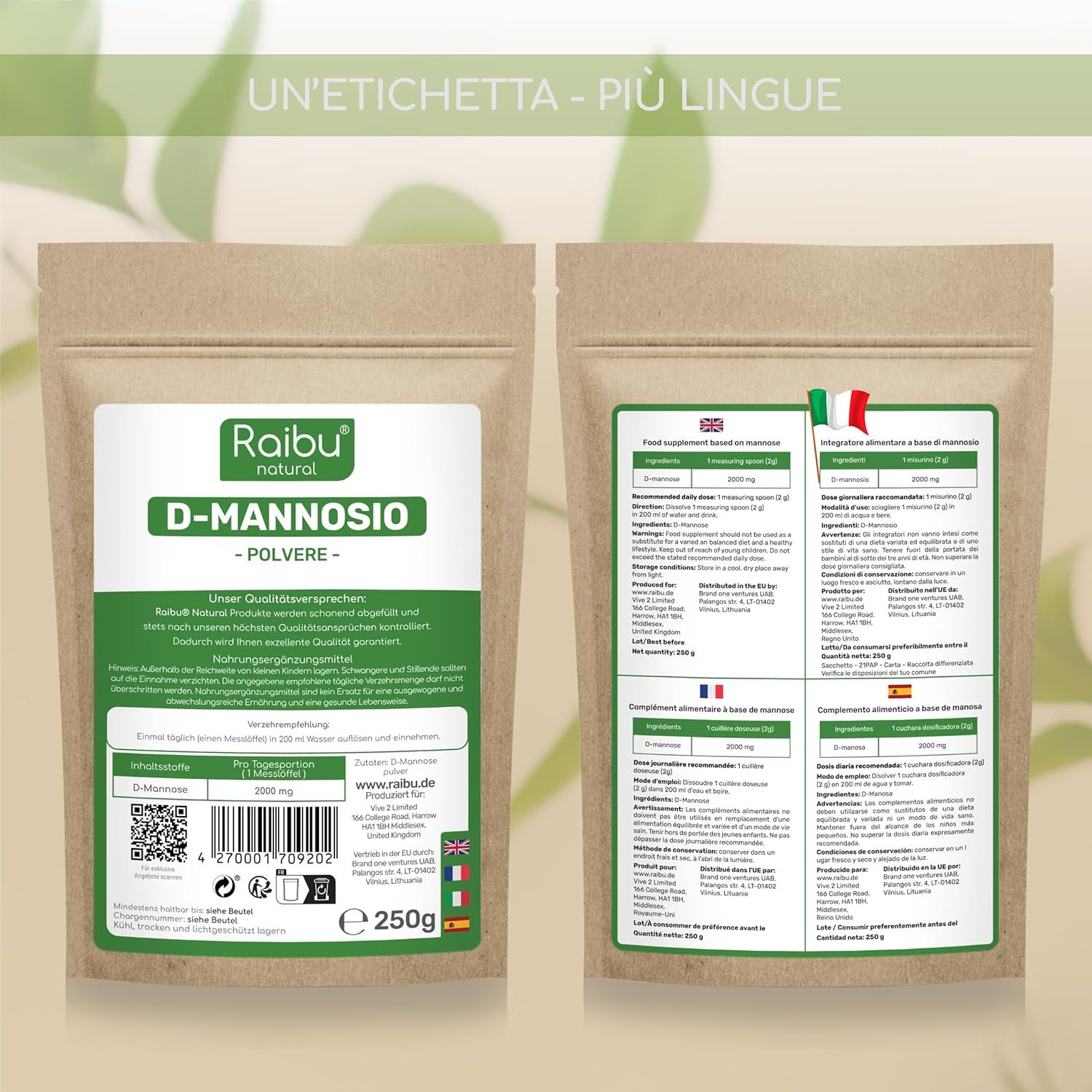 Busta di polvere di D-Mannosio RAIBU. Stampa con informazioni sul prodotto e valori nutrizionali in diverse lingue.