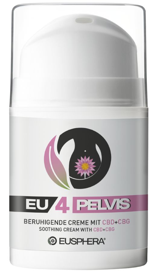 Flacone bianco EU 4 PELVIS. Logo floreale. Crema lenitiva CBD+CBG. Marchio Eusphera.