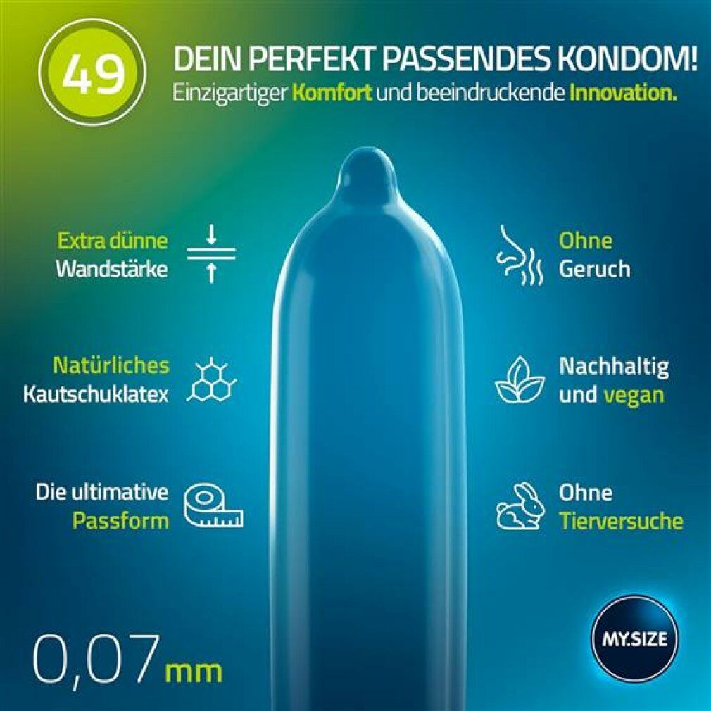 Blauer Kondom mit Text und Icons. Extra dünne Wandstärke, ohne Geruch, vegan, ohne Tierversuche. 0,07 mm.