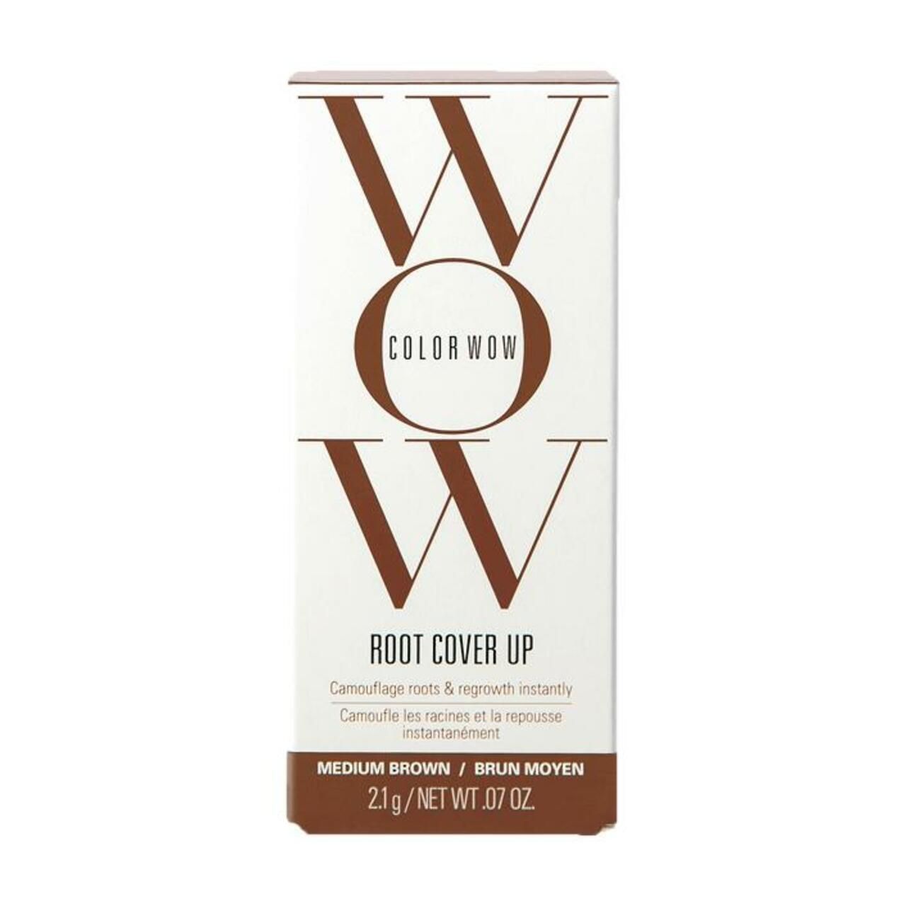 Weißer Karton mit braunem "WOW COLOR WOW"-Logo. Text: "ROOT COVER UP", "MEDIUM BROWN".