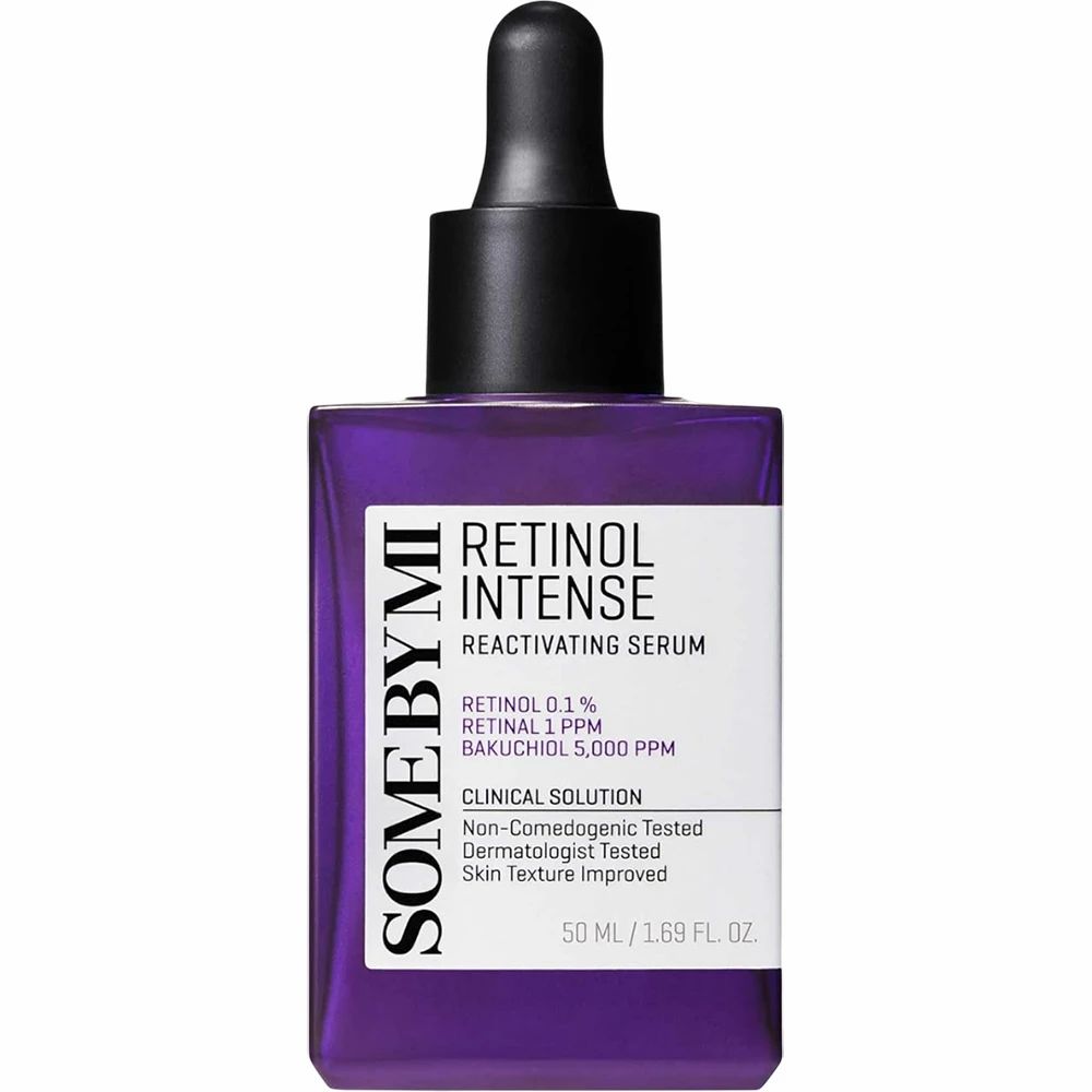 Flasche mit Serum. Text: SOME BY MI, Retinol Intense Reaktivierendes Serum. Enthält Retinol 0,1%, Retinal 1 PPM, Bakuchiol 5.000 PPM.