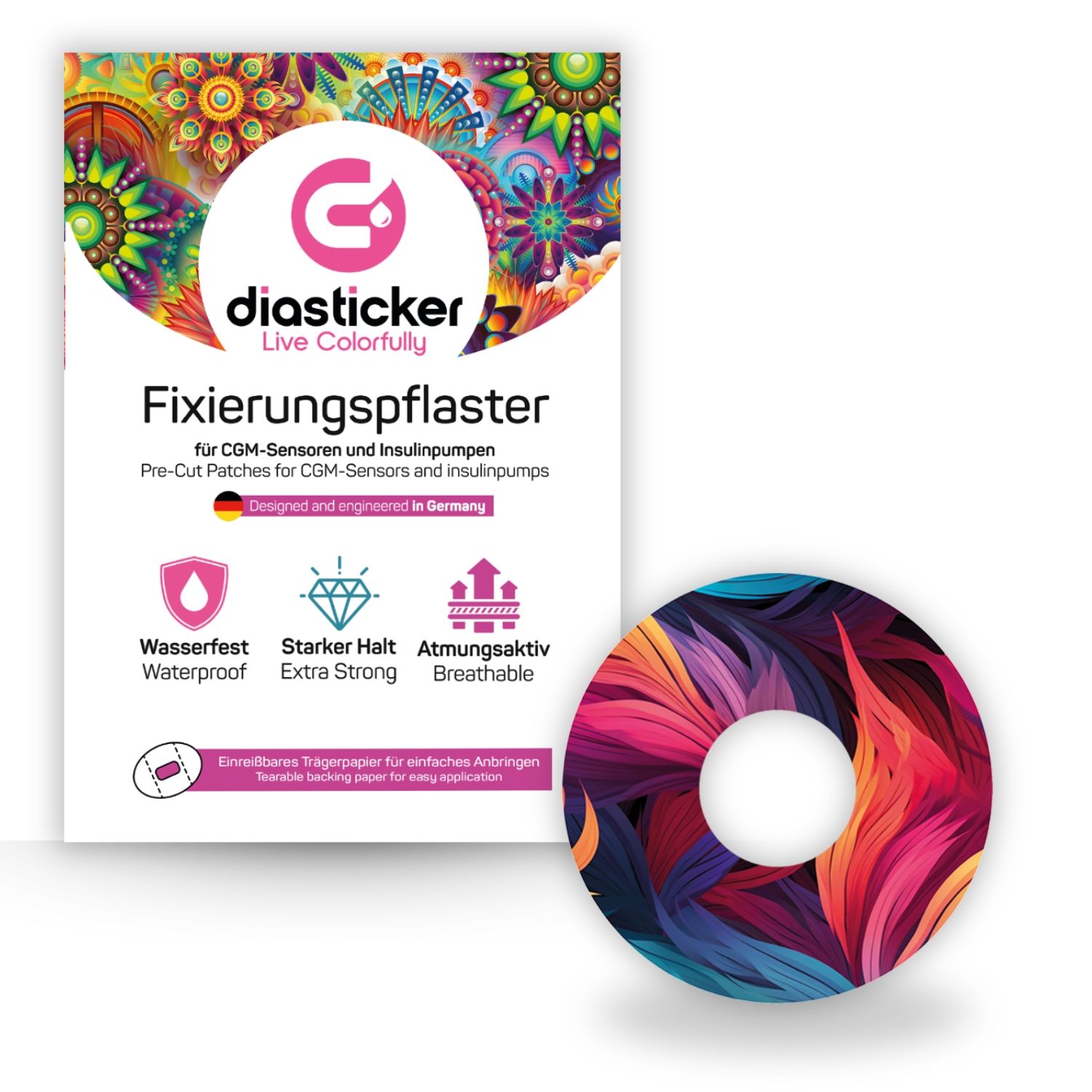 Verpackung mit einem Pflaster mit Feder-Muster. Text: diosticker, Fixierungspflaster, wasserfest, atmungsaktiv.