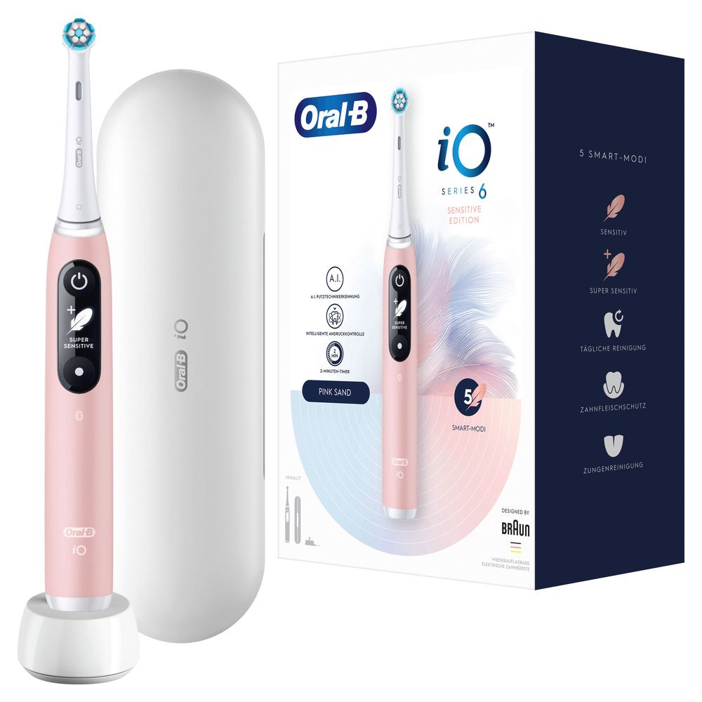 Elektrische Zahnbürste Pink Sand, Ladestation, Reiseetui und Verpackung. Oral-B iO Series 6, 5 Smart-Modi.