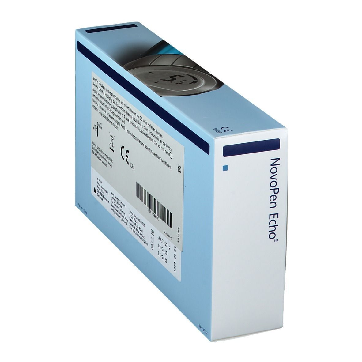 Rückseite der NovoPen Echo Verpackung. Text, CE-Kennzeichnung, Barcode und Herstellerinformationen.