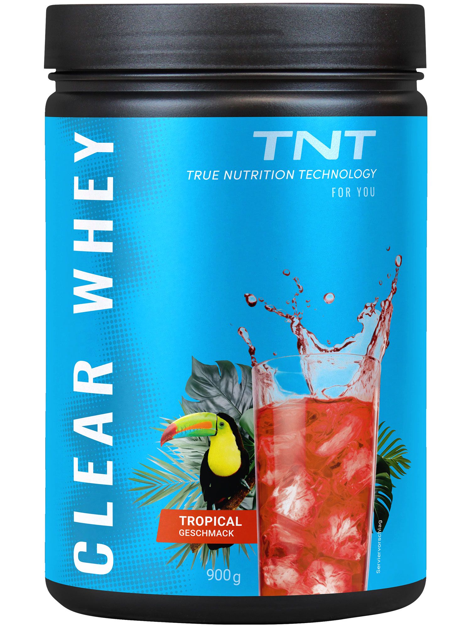 Blaue Dose mit TNT CLEAR WHEY. Aufdruck: Tropischer Geschmack, 900g. Abbildung eines Getränks mit Eiswürfeln und einem Tukan.