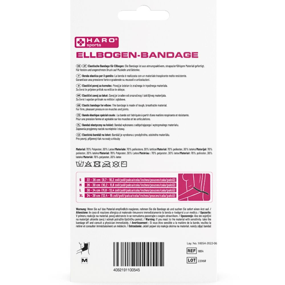 Rückseite der Haro Ellbogenbandage-Verpackung. Text in mehreren Sprachen. Größenangaben und Materialzusammensetzung.