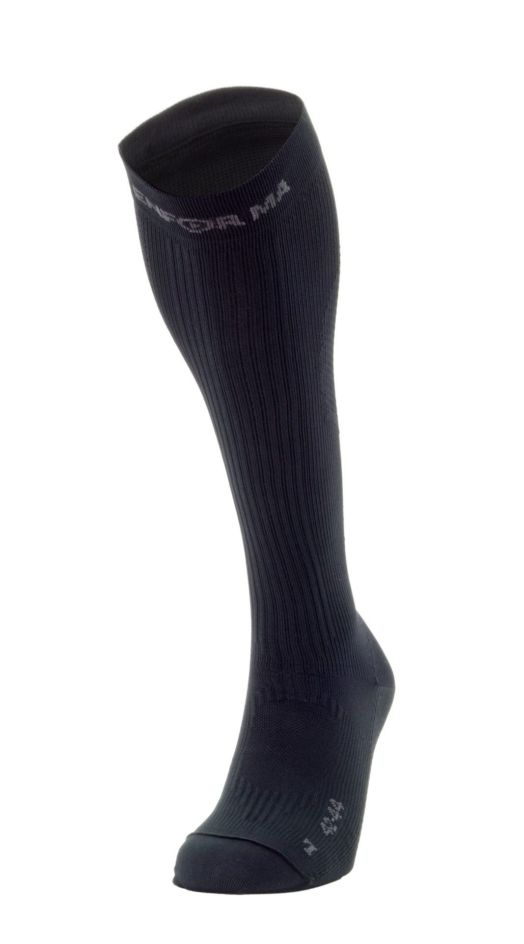 Calza a compressione nera. Motivo a coste, marchio ENFORMA. Taglia 42/44.