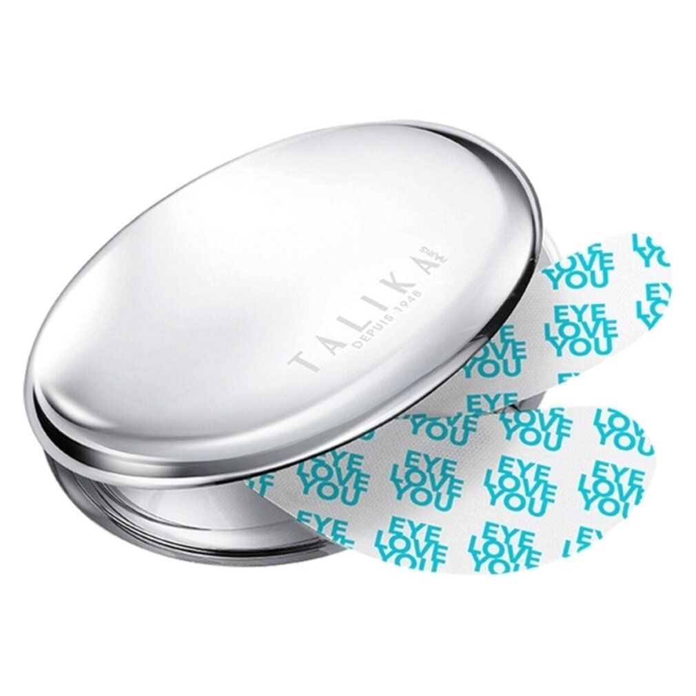 Silberfarbene, ovale Dose mit zwei Augenpflastern. Auf den Pflastern steht "EYE LOVE YOU".