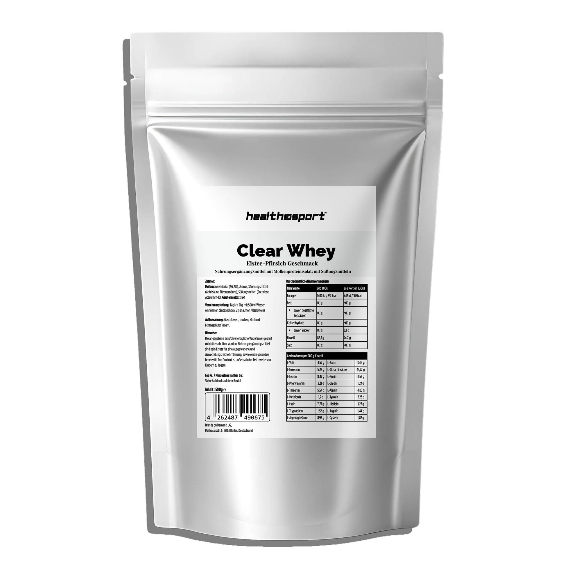 Silberfarbener Beutel mit weißem Etikett. Aufschrift: Clear Whey, Zitrone-Pfirsich Geschmack. Nährwertangaben und Barcode.