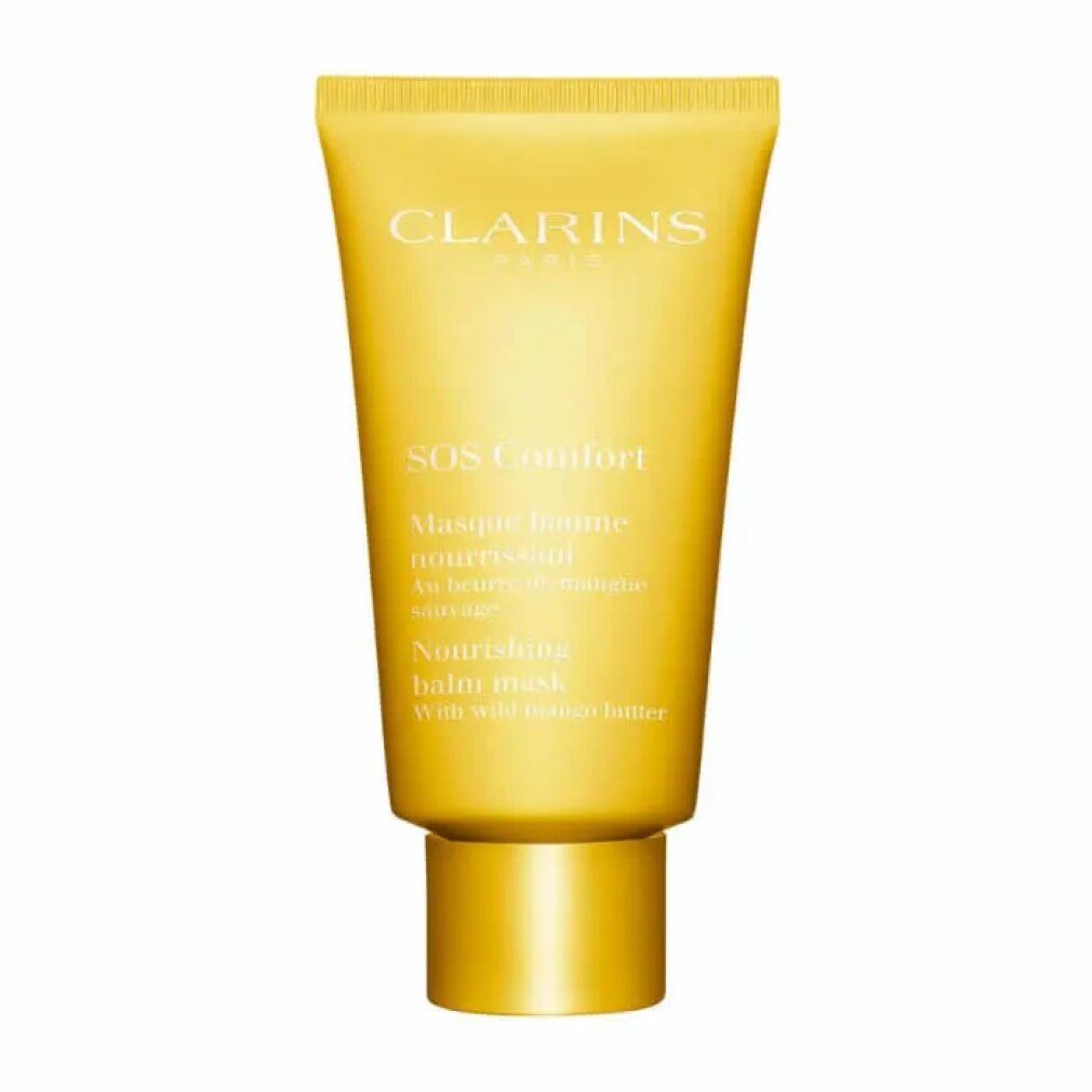 Gelbe Tube mit gelbem Verschluss. Aufschrift: Clarins Paris, SOS Comfort, Masque baume nourrissant, Nourishing balm mask.