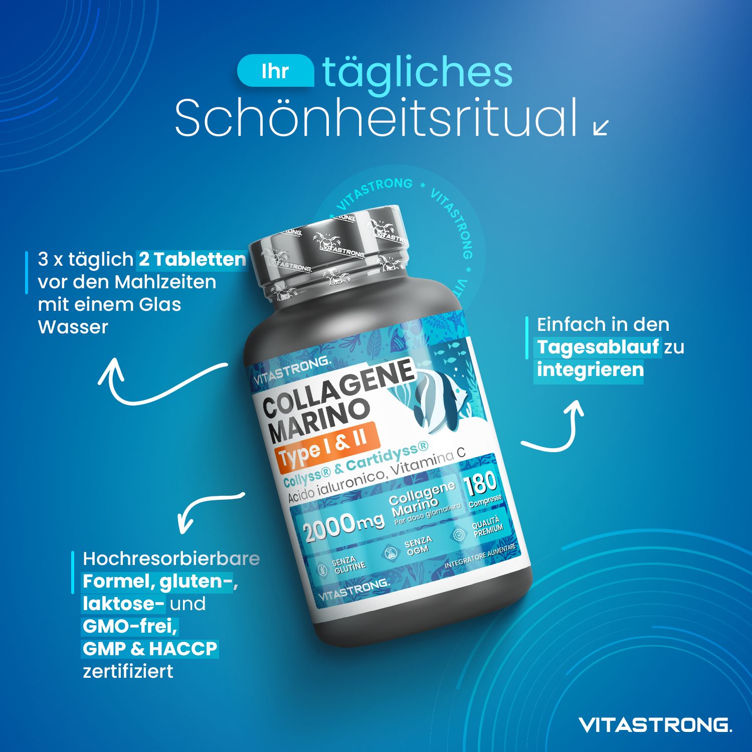 Vitastrong Marine Kollagen Typ 1&2, 180 Tabletten. Dose, blaue Grafik, Text. Anweisungen.