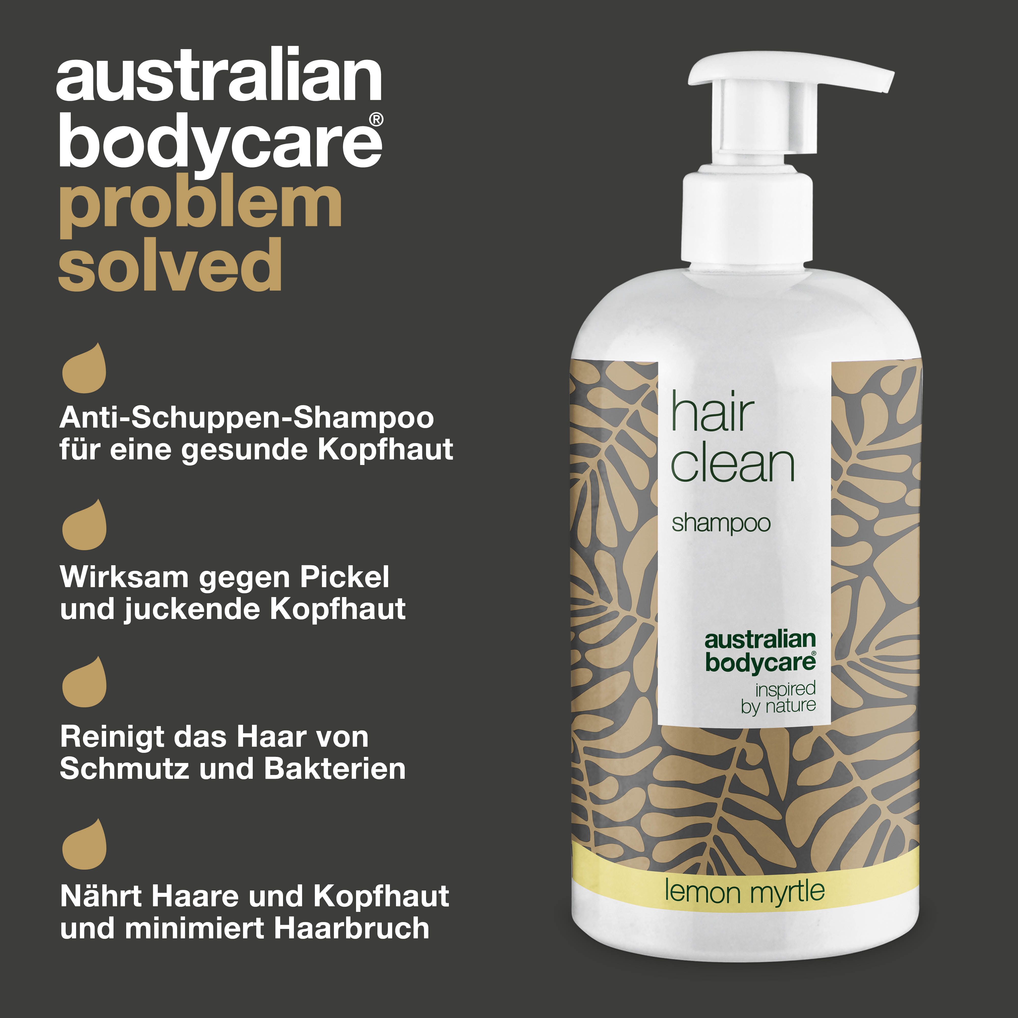 Shampoo-Flasche mit Text. Text: Shampoo gegen Schuppen, gegen Pickel, reinigt, gesunde Haare.