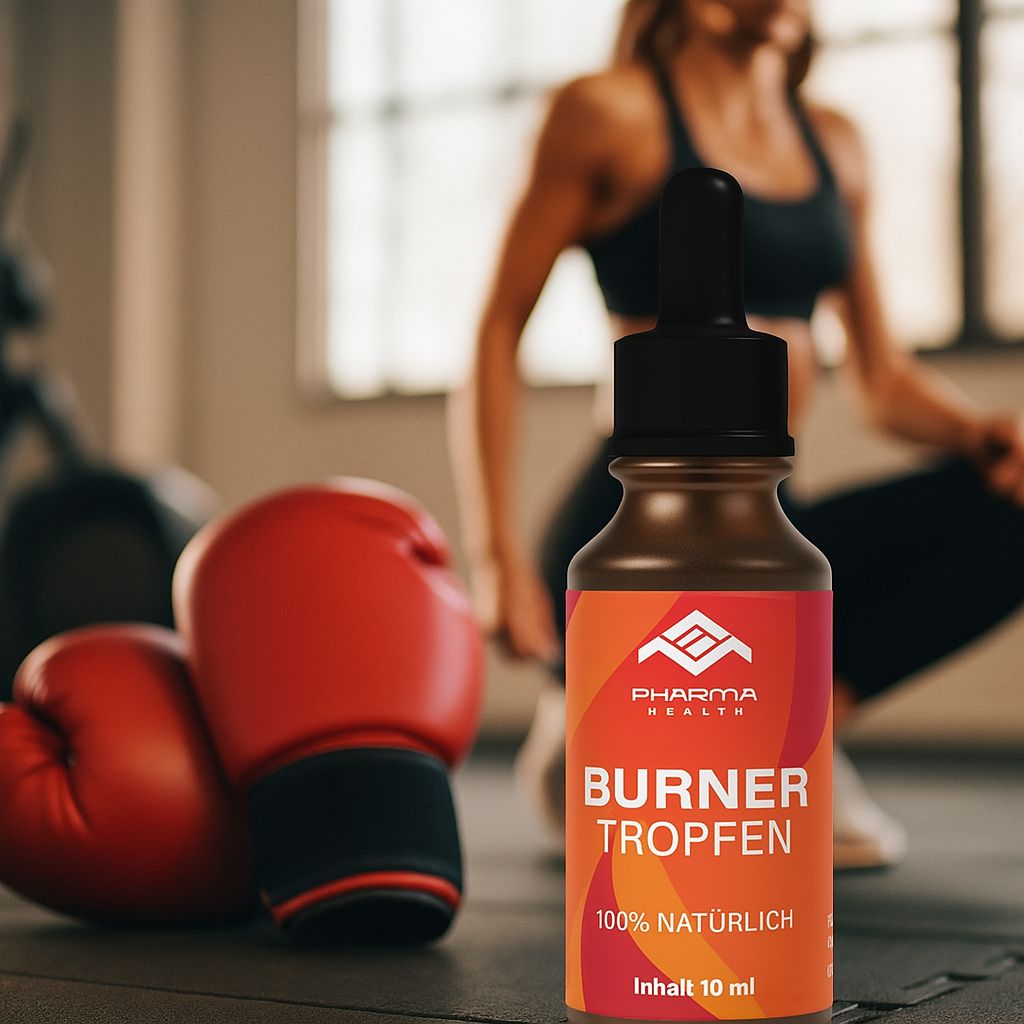 Braune Flasche mit schwarzem Verschluss und Pipette. Rotes Etikett mit weißer Schrift. Boxhandschuhe und Person im Hintergrund.