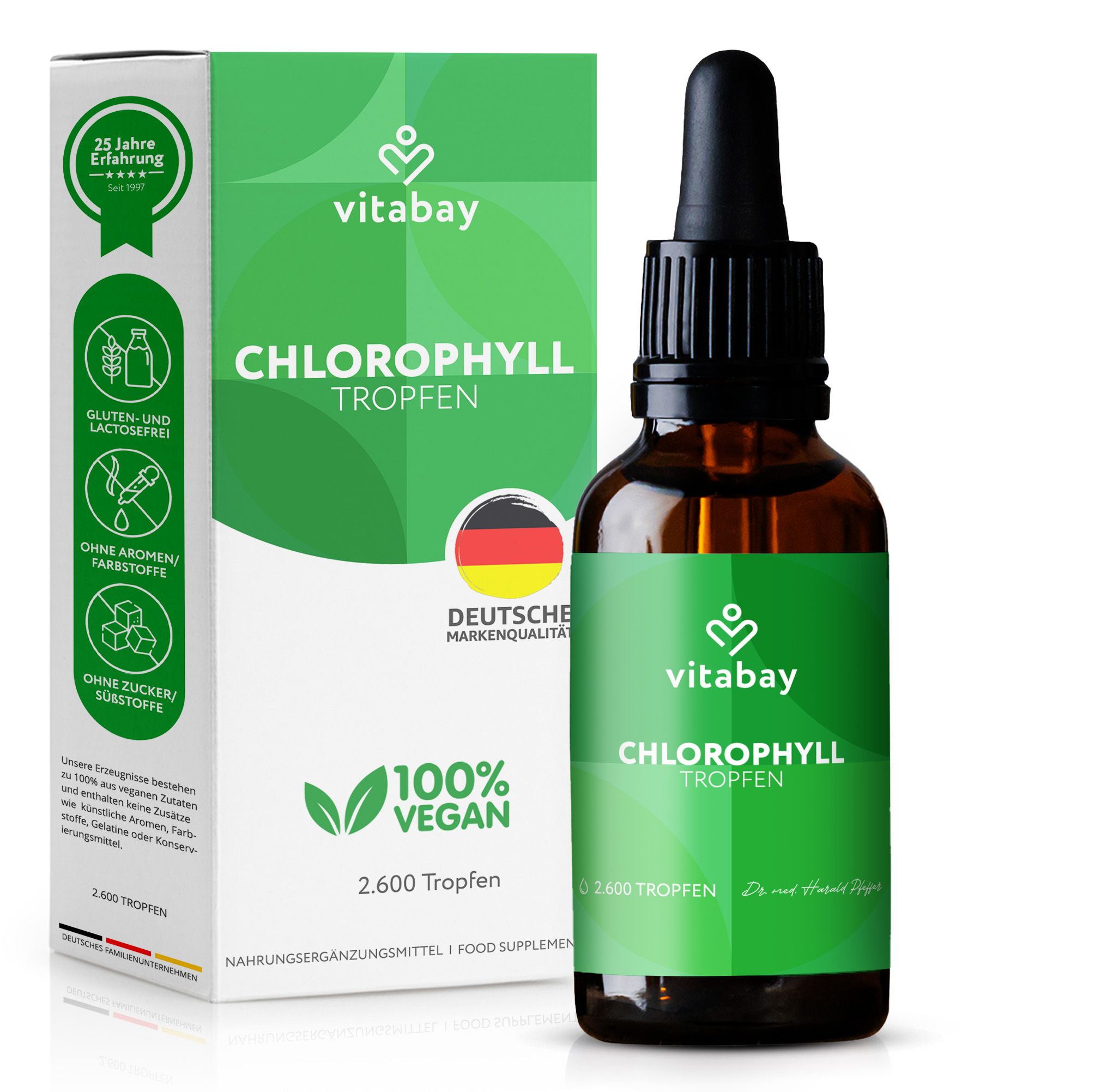 Braune Tropfenflasche mit Etikett und Verpackung. Chlorophyll Tropfen, Vitabay Logo, grüne und weiße Elemente.