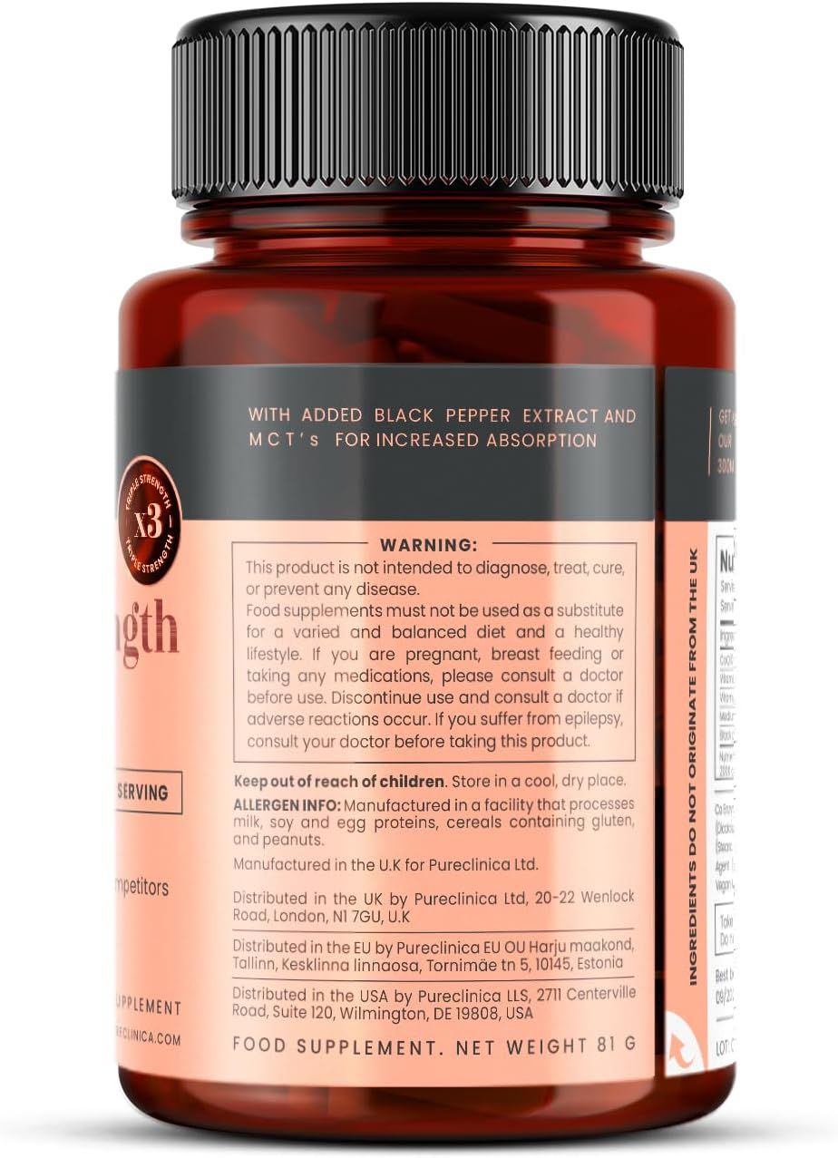 Braune Tablettenflasche mit schwarzem Deckel. Enthält CoQ10-Tabletten. Enthält Informationen zu Inhaltsstoffen und Warnhinweisen.