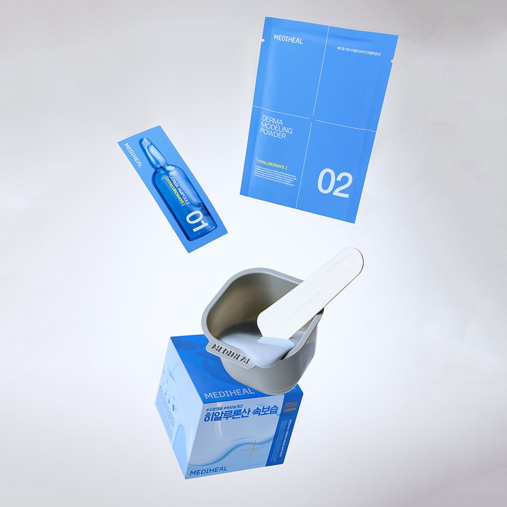Mediheal Modeling Mask Kit: Ampulle, Pulverbeutel, Mischschale mit Spatel und Karton.