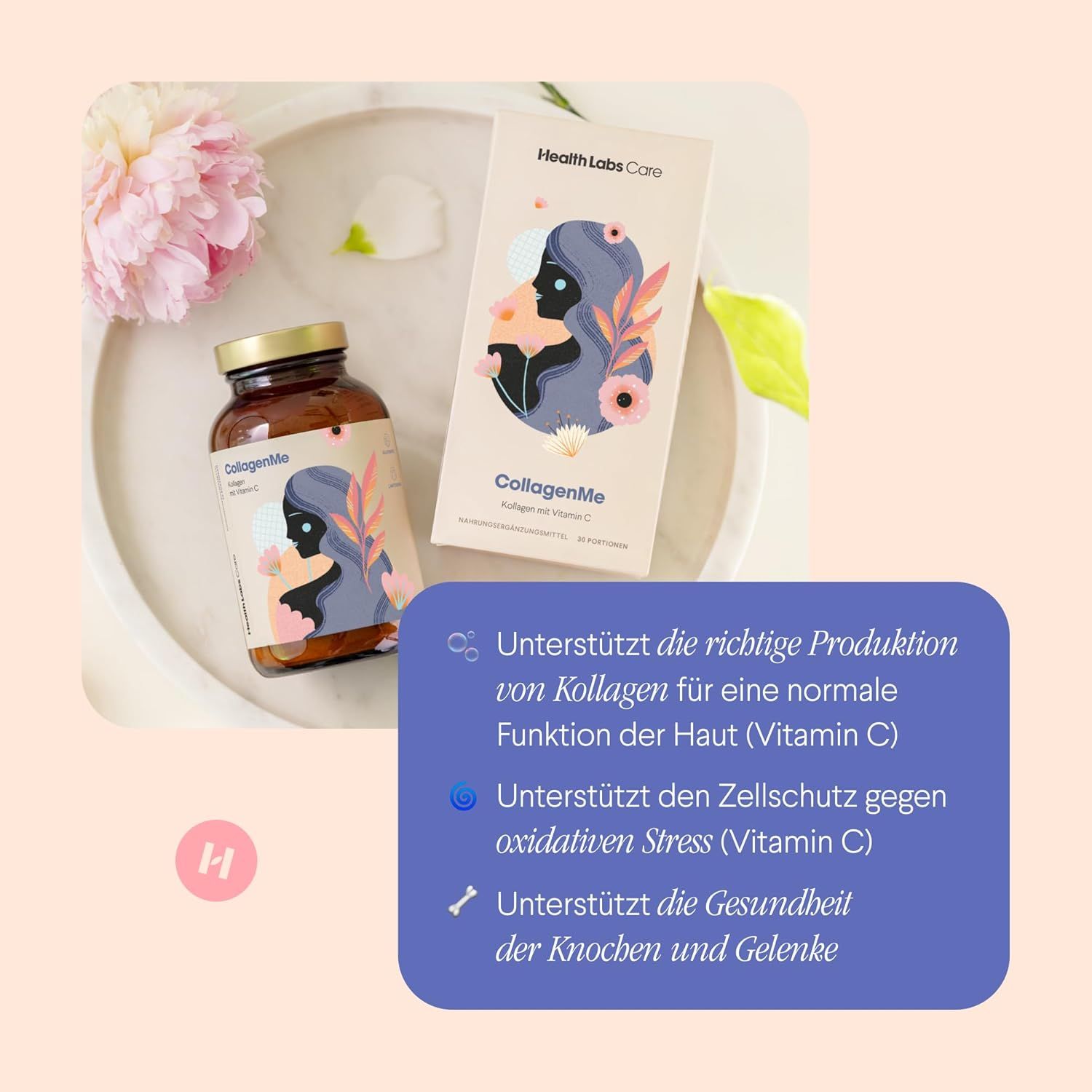 Braune Glasflasche und Schachtel mit Produktetikett. Text: CollagenMe. Aufschrift: Health Labs Care. Auf dem Etikett: Frau mit Blumen.