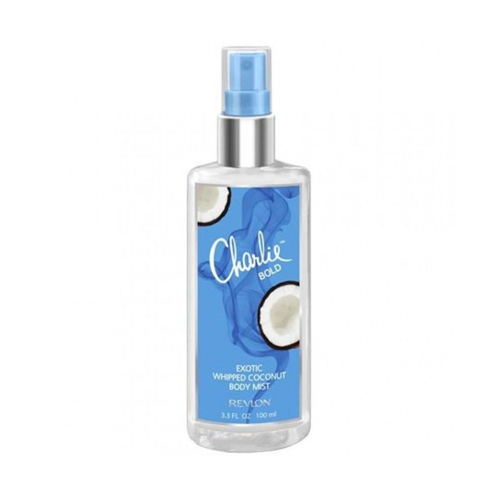 Körpernebel-Spray mit blauem Etikett. Aufschrift: Charlie Bold, Exotic Whipped Coconut Body Mist, Revlon. Kokosnuss-Illustrationen.