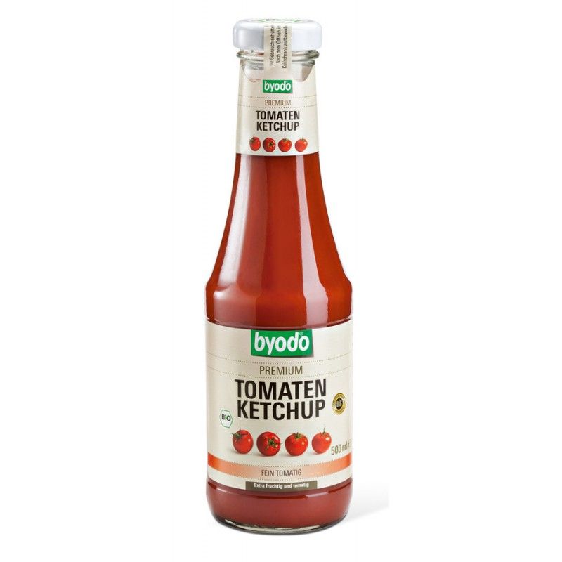 Glasflasche mit Tomaten Ketchup. Aufschrift: byodo, Premium Tomaten Ketchup. Bio-Siegel und Tomaten-Illustrationen.