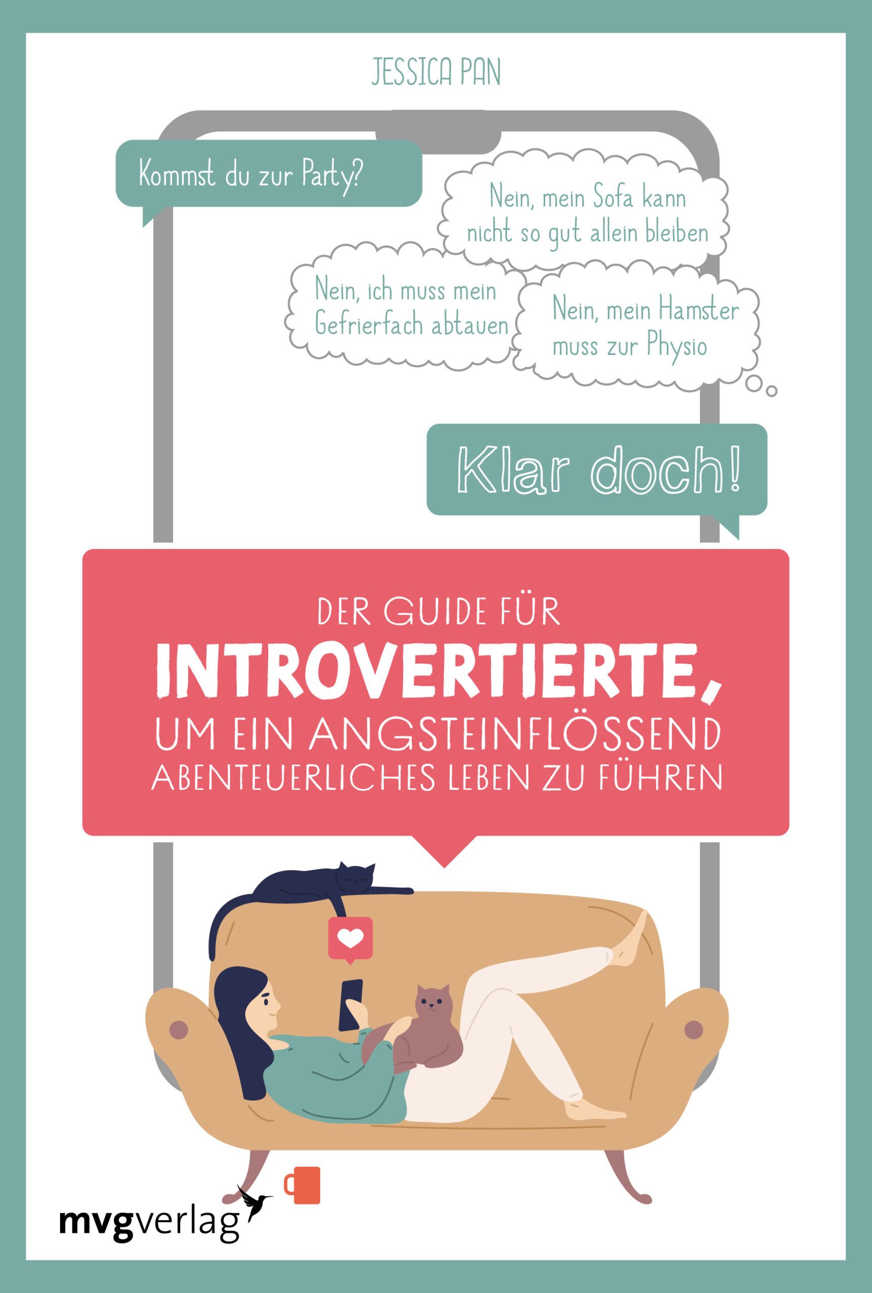 Buchcover: Der Guide für Introvertierte. Frau auf Sofa mit Katze und Handy. Sprechblasen mit Text. Verlag Logo.