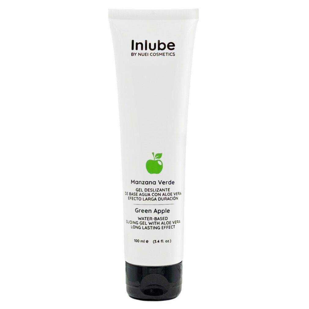 Weiße Tube mit schwarzem Deckel. Aufschrift: Inlube, Manzana Verde, Green Apple. Produktbezeichnung und Logo.