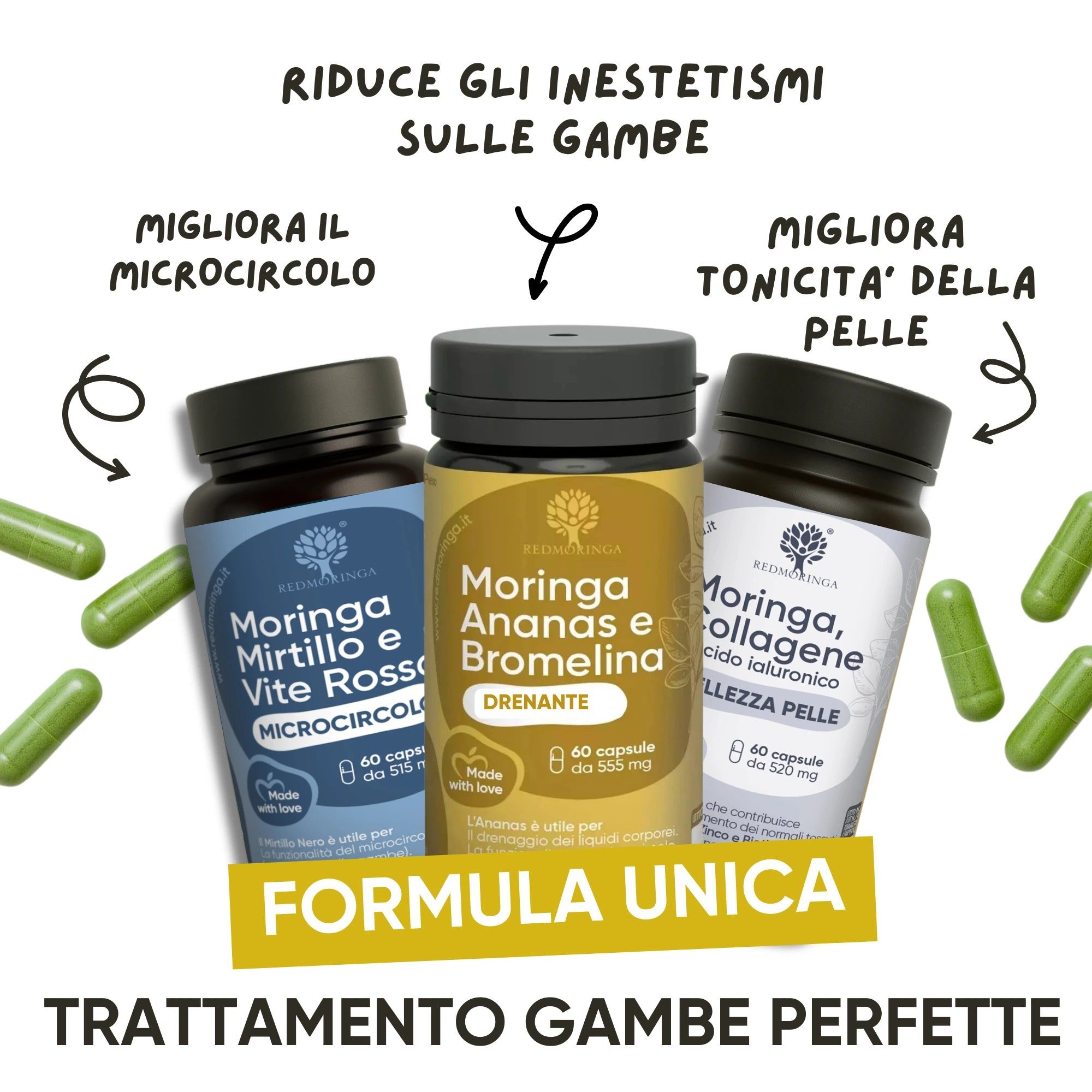 Drei Flaschen Nahrungsergänzungsmittel mit grünen Kapseln. Beschriftungen: 'Moringa, Mirto e Vite Rosso', 'Moringa, Ananas e Bromelina', 'Moringa, Collagene'.