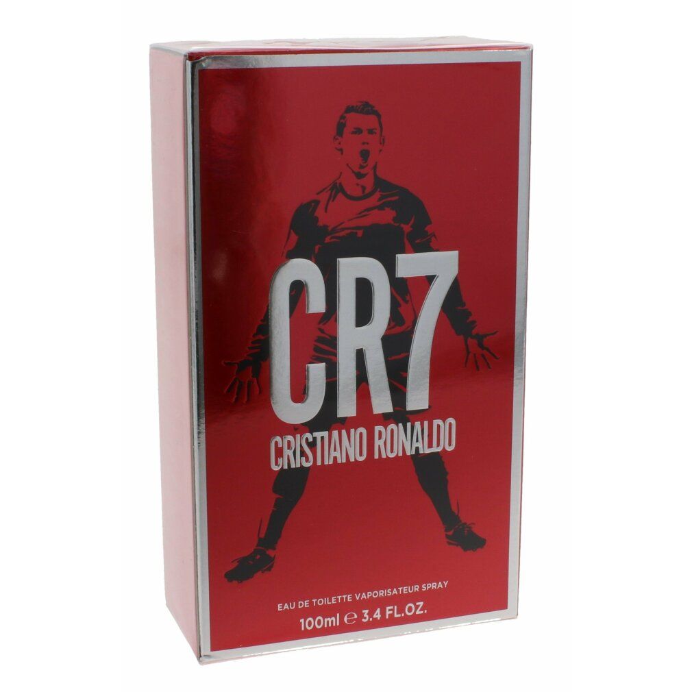 Verpackung mit Cristiano Ronaldo-Silhouette. Roter Hintergrund. CR7-Logo.