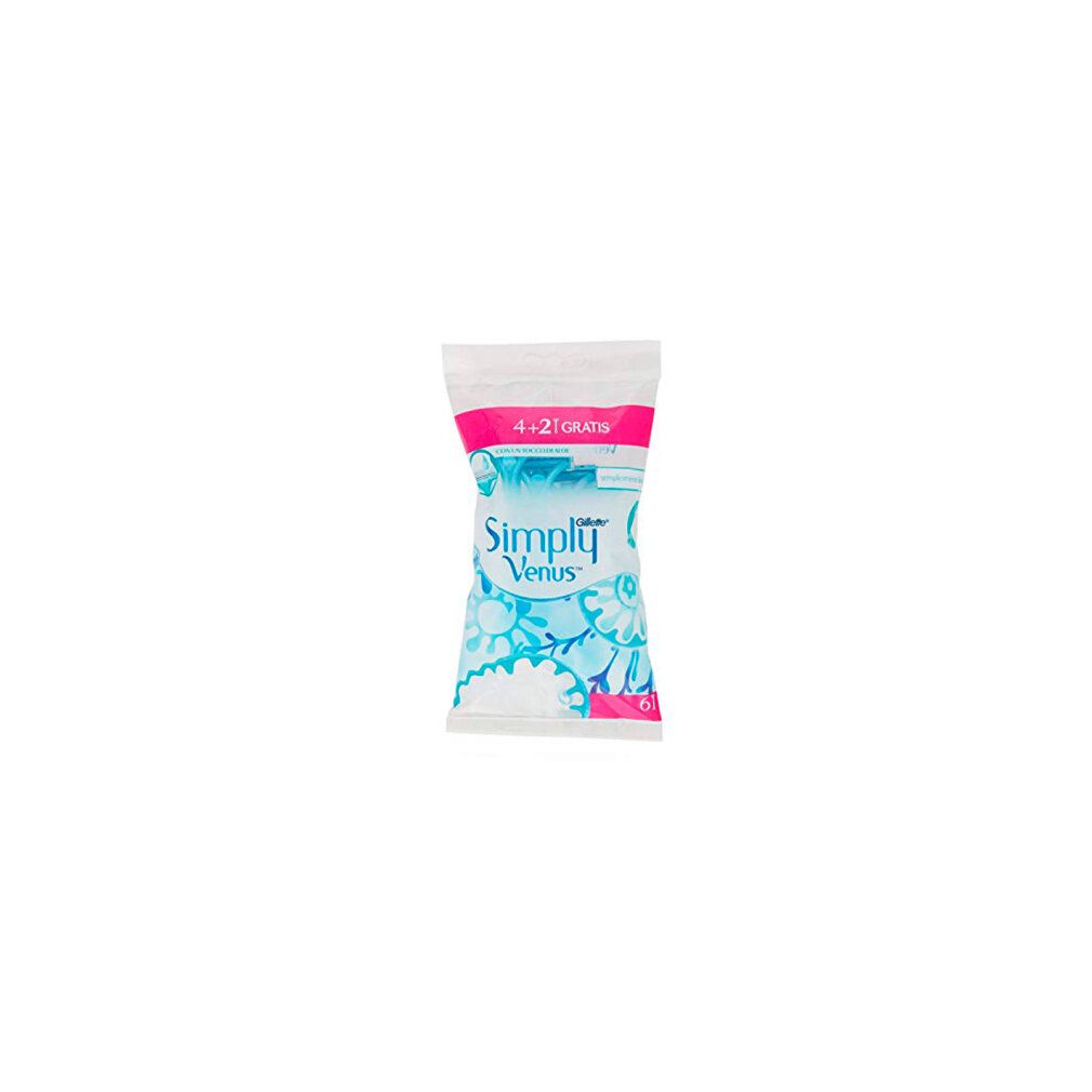 Einzelpackung mit Rasierern. Marke: Simply Venus. Blaue Rasierer in weißer Verpackung mit blauen floralen Mustern.