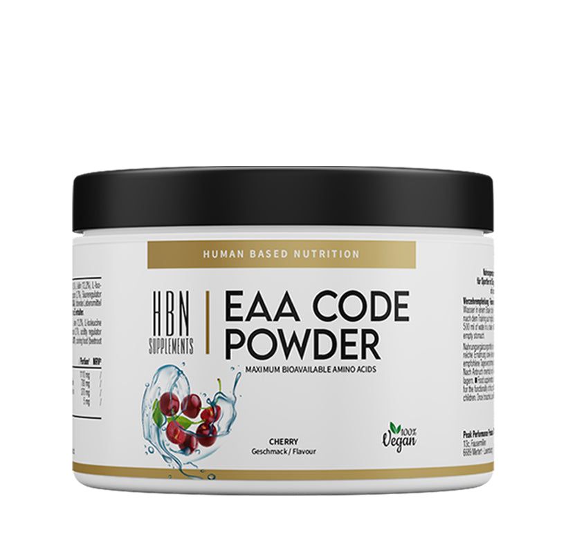 Weißes HBN Supplements EAA Code Powder-Behälter mit schwarzem Deckel. Kirsch-Geschmack. Vegan-Siegel. Aufschrift: Human Based Nutrition.