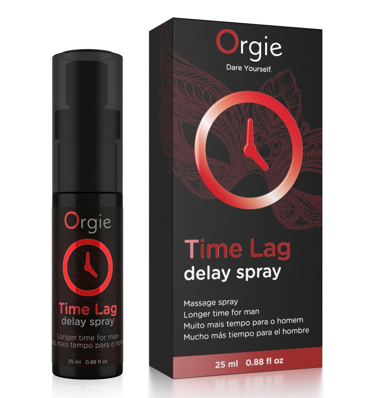 Schwarze Sprühflasche und Verpackung. Produktname: Time Lag delay spray. Marke: Orgie. 25 ml.